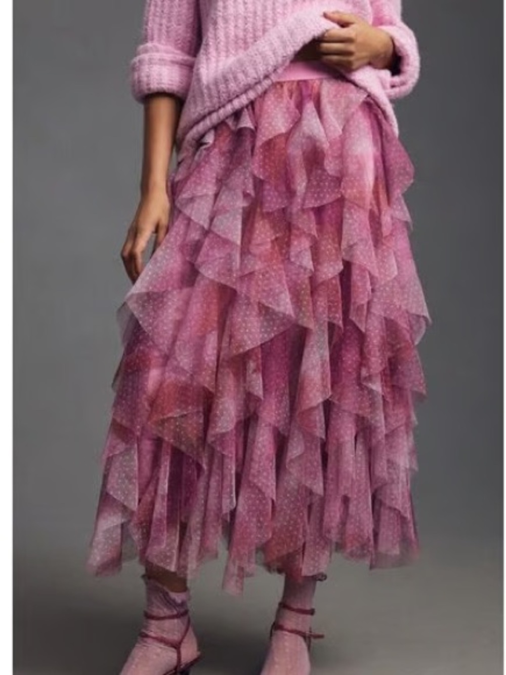 Anthropologie The Cheri Ruffled Tule Midi Skirt in multicolor pink and purple